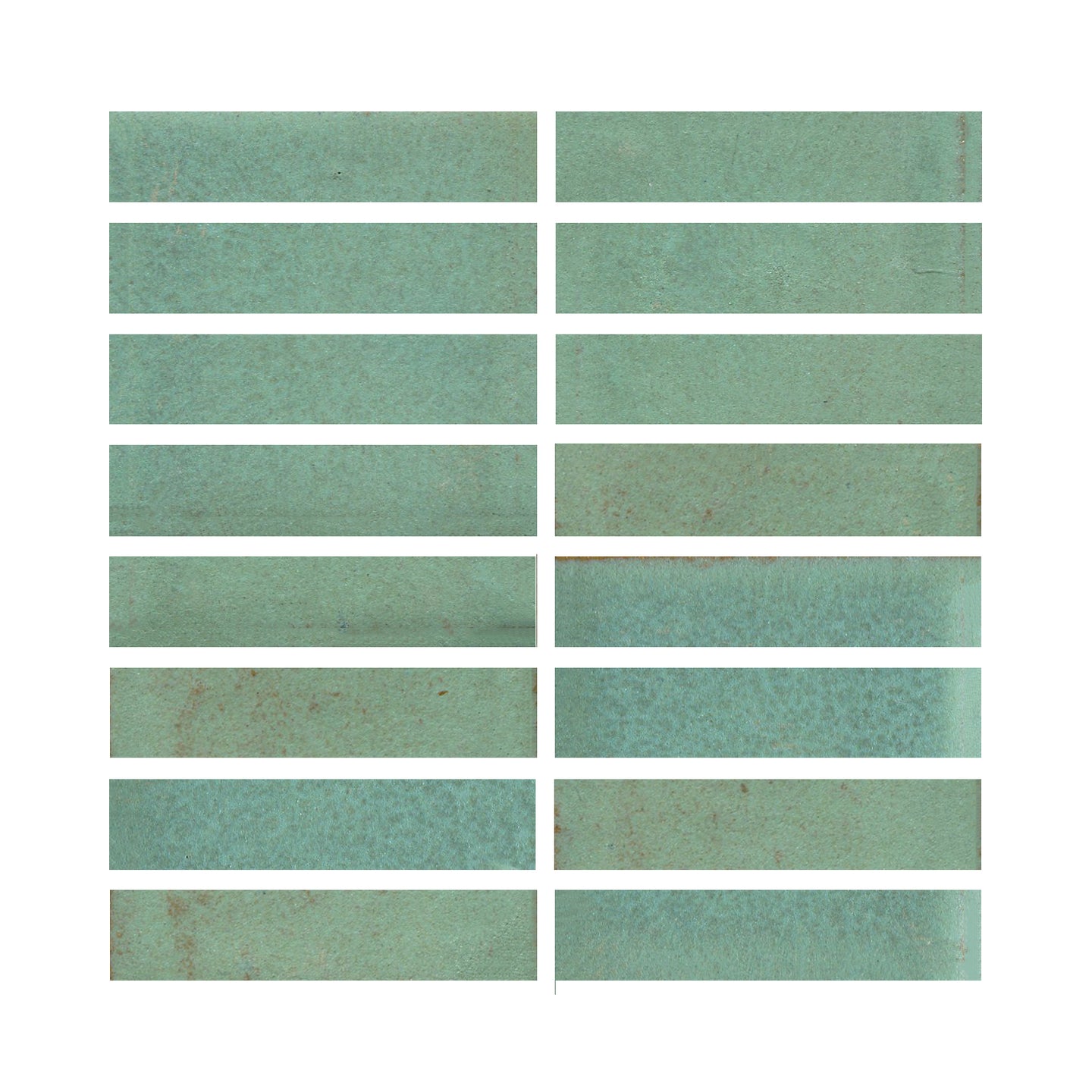 Copper patina 1x4  matte finish, transitioning in color from light green to turquoise.